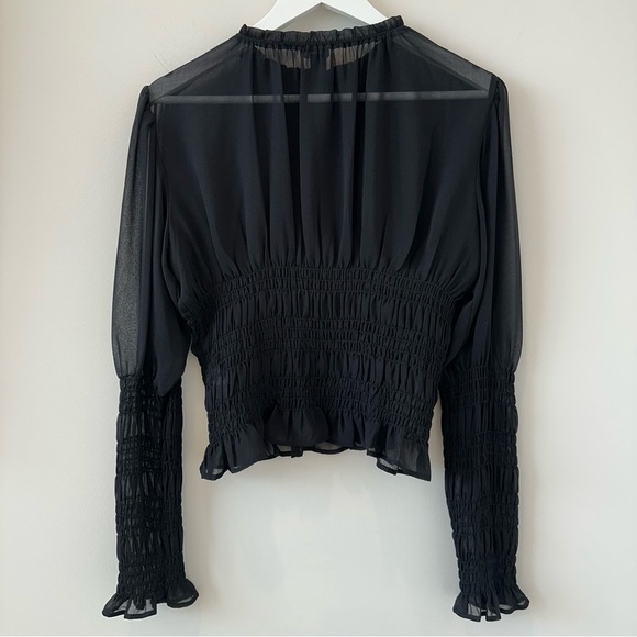 Halogen Smocked Chiffon Blouse Long Statement Sleeve Sheer Date Night Out Black - Picture 7 of 12